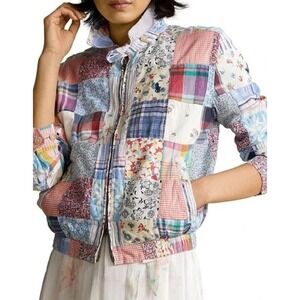 Polo Ralph Lauren Bomber Jacket Womens Large Patchwork Quilted Zip Cotton Linen